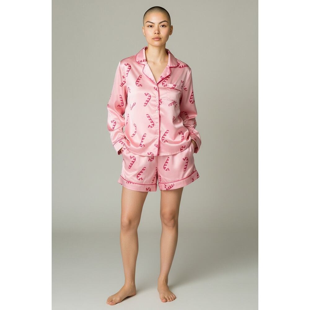 Pink Candy Cane Christmas Pajama Set | Long Sleeve Button Down & Shorts